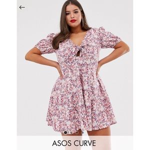 Tie front mini tea dress w puff sleeve in floral